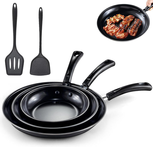 Nonstick Frying Pans Set of 3 - Carbon Steel Frying Pan with PFOA-Free Coating, Stay-Cool Handle, Oven & Dishwasher Safe, Include 2 Spatulas & 7.9, 10.2, 11.8 Inch Skillets for All Stovetops