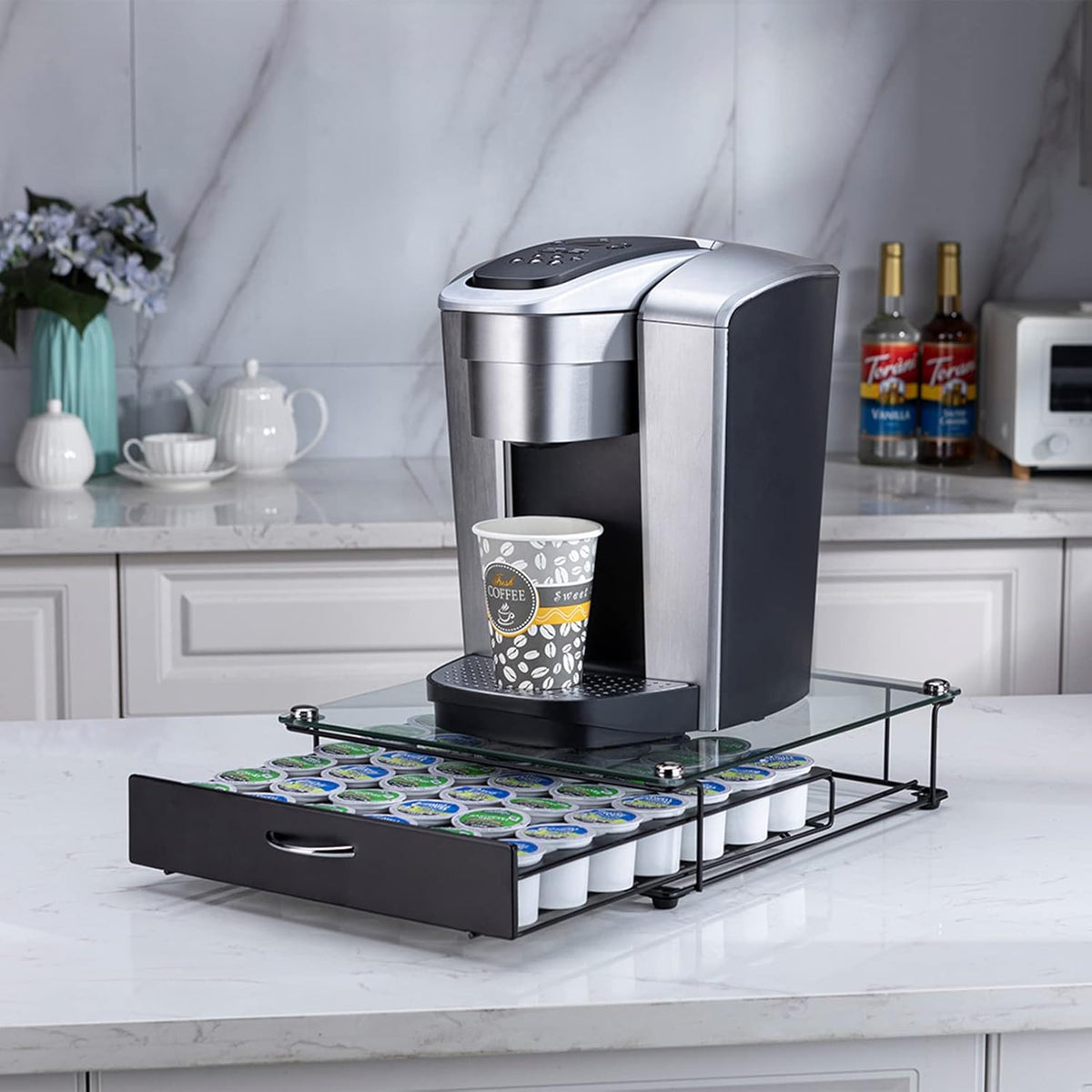 Rice rat Coffee Pod Holder for Keurig Pods Glass Top Drawer,K cup Holder Capsule Display Storage compatibility 42 k-cup(Black)