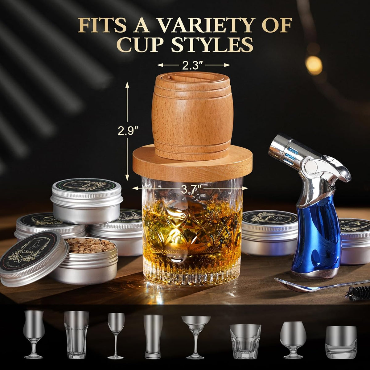 Whiskey Smoker Kit with Torch - Old Fashioned Cocktail Smoker Kit with 6 Flavors Wood Chips | Bourbon Drink Smoke Set with 2 XL Stainless Steel Ice Balls & 2 Glasses for Men, Dad(No Fuel Included)