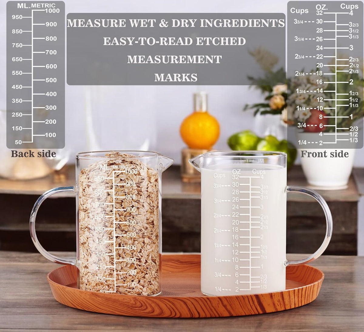 Ackers Etched Graduated Glass Measuring Cup - [Insulated Handle | V-Shaped Spout] - High Borosilicate Glass Measuring Cup for Kitchen or Dining, Easy to Read,1000 ML (32 Oz, 4 Cup)