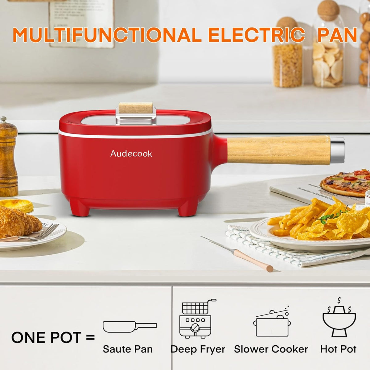 Audecook Hot Pot Electric 2L, Cermic Glaze Non-Stick Frying Pan 8 Inch, Portable Travel Cooker for Ramen/Steak/Fried Rice/Oatmeal/Soup, with Dual Power Control (Silicone Spatula Included)