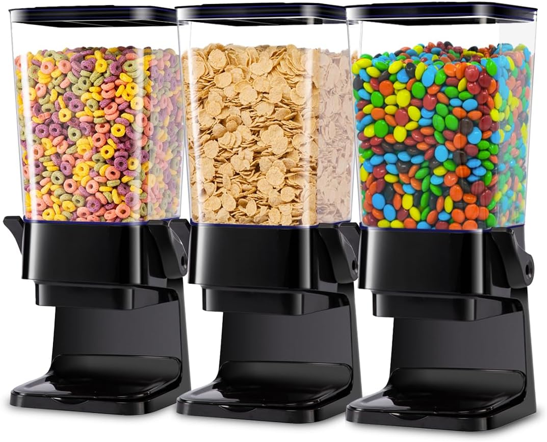 Cereal Dispenser Countertop with Lids, 5L Organization and Storage Containers for Kitchen and pantry, Rice Dispenser for food, Cereal, Beans, Nuts, Snack,Oatmeal, Dog Food, Bird Seed, Black, 3Pc