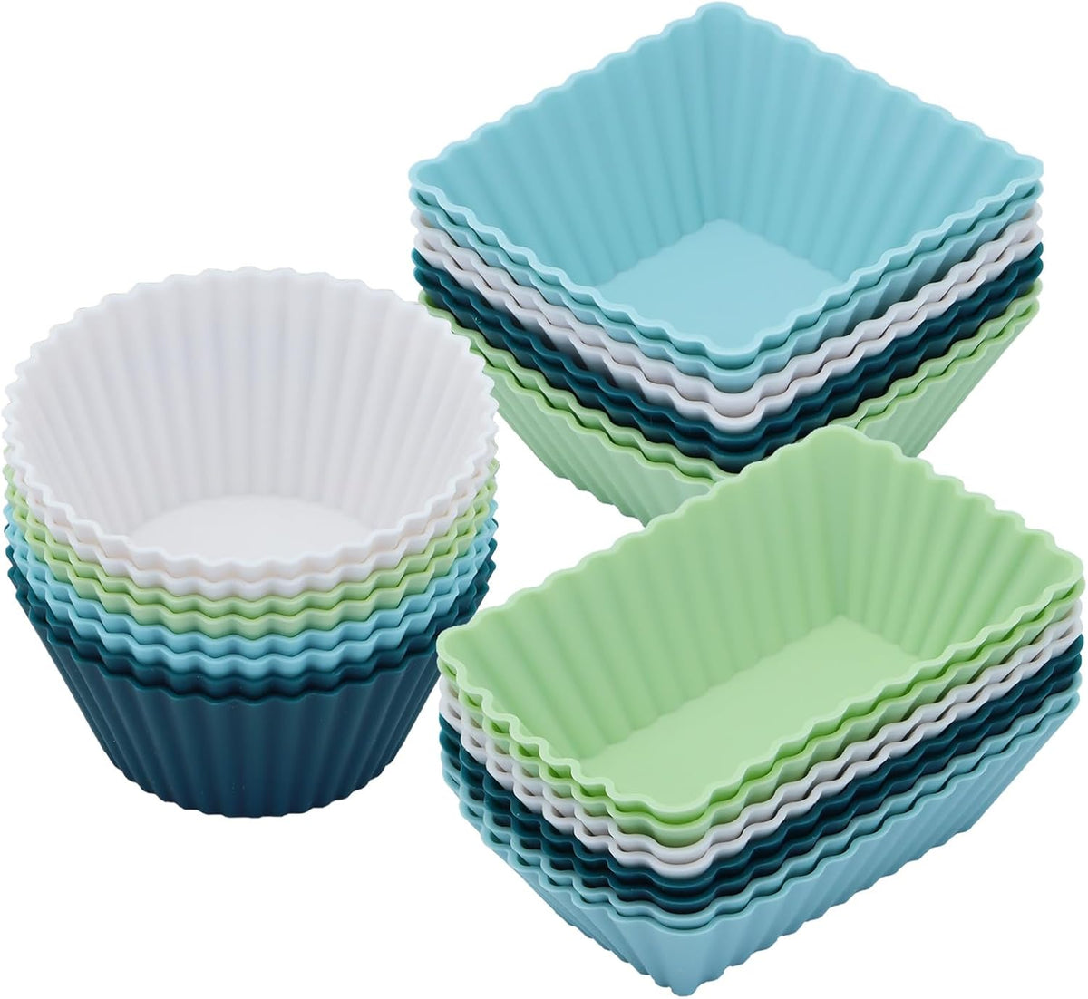 24Pack Silicone Muffin Cups, Reusable Cupcake Liners Molds for Baking, 3 Shapes Lunch Box Bento Dividers-Round, Square, and Rectangular (Neutral Colors, Regular Size)