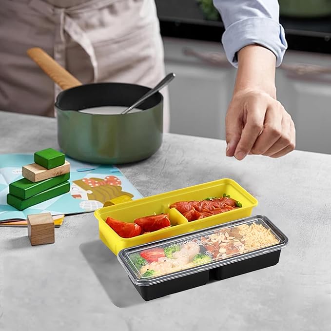 Disposable Food Storage Containers with Lids Meal Prep 2-Compartment To Go Take Out Plastic Black, Sturdy Leakproof Food Safe, Microwave Freezer Dishwasher Safe (10, 2 compartment)