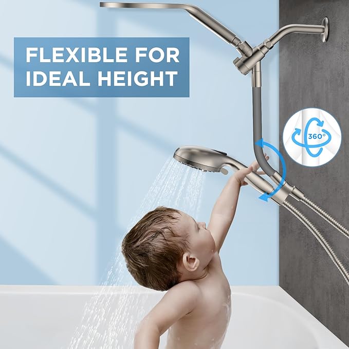 Dual Handheld Shower Head Combo, 2-in-1 Rain Shower Heads System 8 Inch Rainfall Shower Head and 10 Modes High Pressure Hand Held Showerhead with Built-in Power Wash