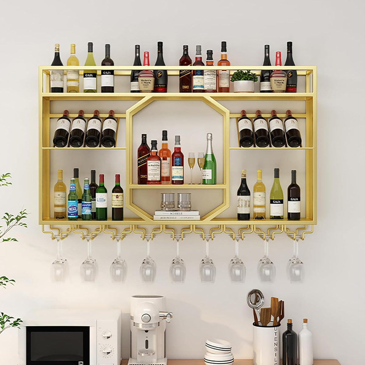 Wall Mounted Wine Rack, 3-Tiers Metal Bar Bottle Holder, Modern Wine Glass Storage Display Shelves, Wall Wine Rack for Kitchen Bar Dining Rooms Decoration ﻿ (Gold, 55.11in/140cm)