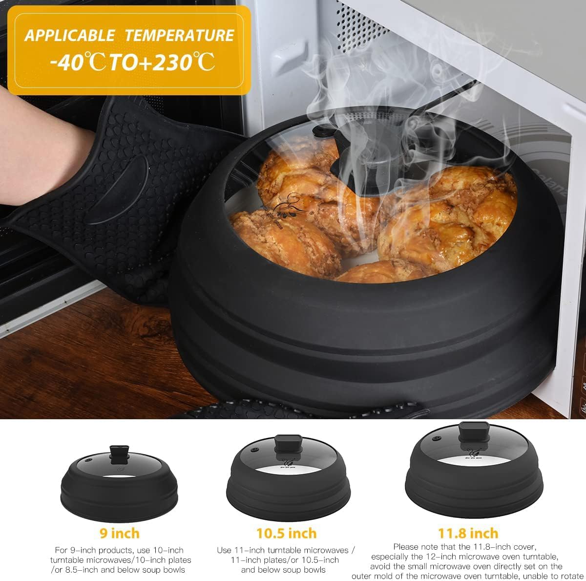 Microwave Splatter Glass Cover with Collapsible Silicone for Food Cover Plate Cover 10.8 inch with Anti-Scalding Gloves