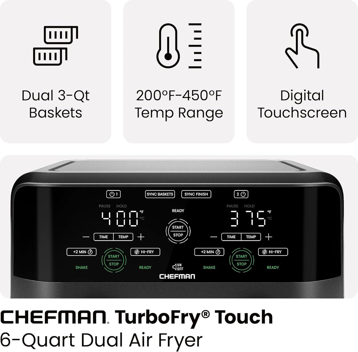 Chefman 6 Quart Dual Basket Air Fryer - Digital Touchscreen, Smart Sync Finish, Hi-Fry, Auto Shutoff, 2 Independent 3QT Nonstick Dishwasher-Safe Frying Baskets - Digital Double Air Fryer - Black