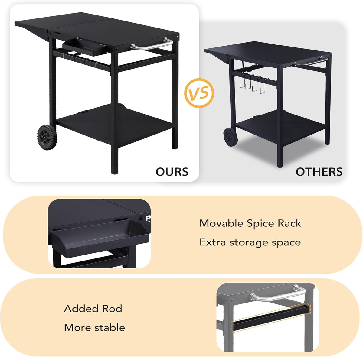 Garden Cart 2 Layers Grill Cart for Outdoor Foldable Shelf Worktable Outside Kitchen Pizza Oven Stand Trolley with Handle, Wheels, and Hooks