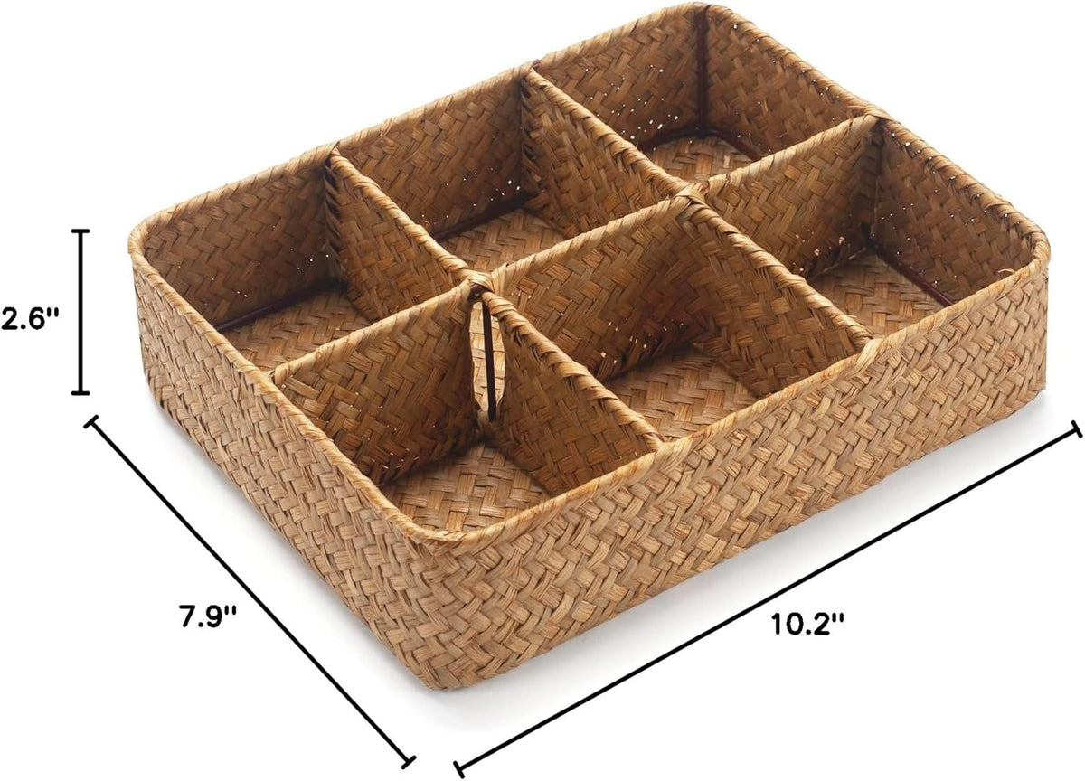 Tea Bag/Sugar Packet Holder, Coffee Station Condiment Organizer, Seagrass Storage Basket, Wicker Rattan Divided Basket Organizer for Drawer/Shelf/Countertop