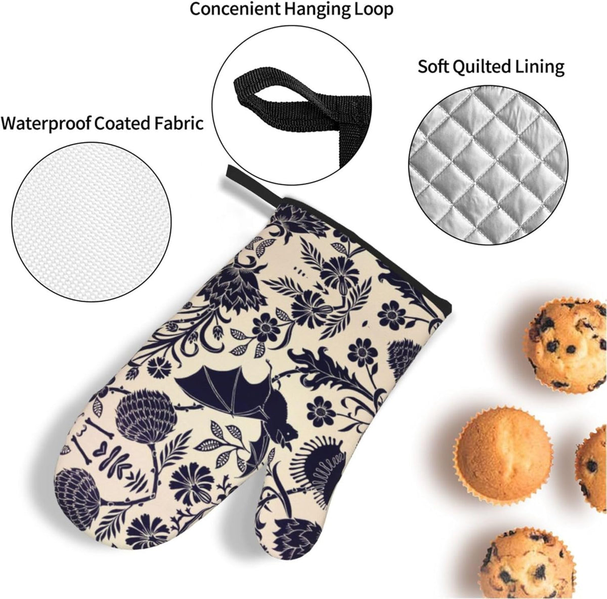 Bats and Flower Oven Mitts and Pot Holders Sets of 4,Resistant Hot Pads with Polyester Non-Slip BBQ Gloves for Kitchen,Cooking,Baking,Grilling