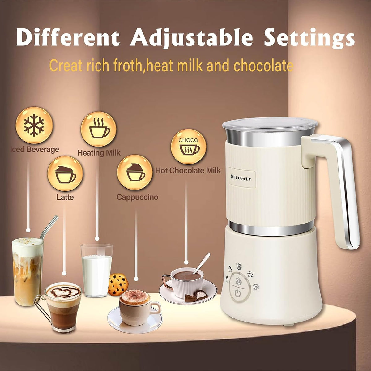 Huogary 5-in-1 Detachable Milk Frother Electric Milk Frother and Steamer Automatic Milk Foamer Frother Hot and Cold Foam Hot Chocolate Maker with Dishwasher Safe (Beige)