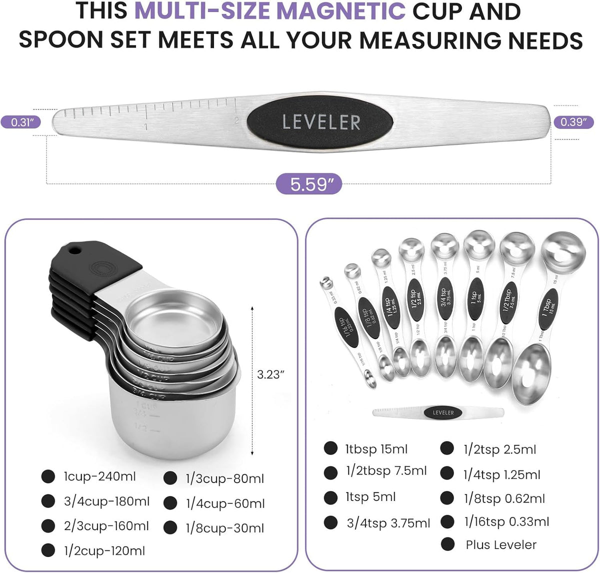 Magnetic Measuring Cups and Spoons Set-Heavy Duty 304 Stainless Steel，Double Measurement Markings，Set of 16 with Leveler for Measure Dry and Liquid Ingredients (Black)