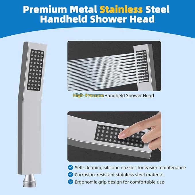 Hibbent All Metal Shower Head, 8'' High Pressure Rainfall Shower Head, Showerhead Combo, Handheld Shower Wand, 12'' Adjustable Curved Shower Extension Arm, 71'' Hose, Shower Head Holder, Chrome
