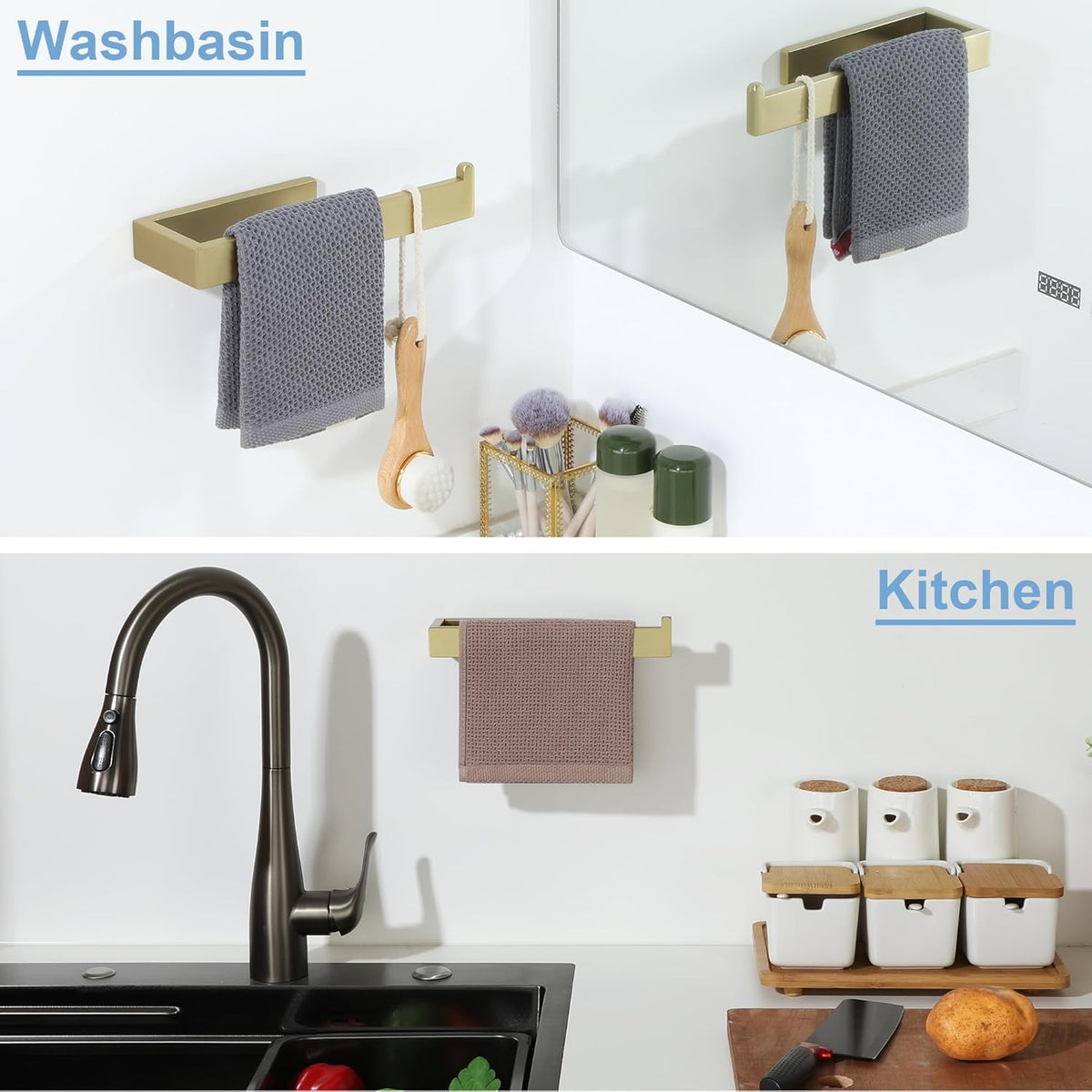 Sayayo Brushed Gold Towel Ring for Bathroom, 10 Inch Hand Towel Bar Towel Rack Towel Holder Wall Mounted Square, SUS304 Stainless Steel