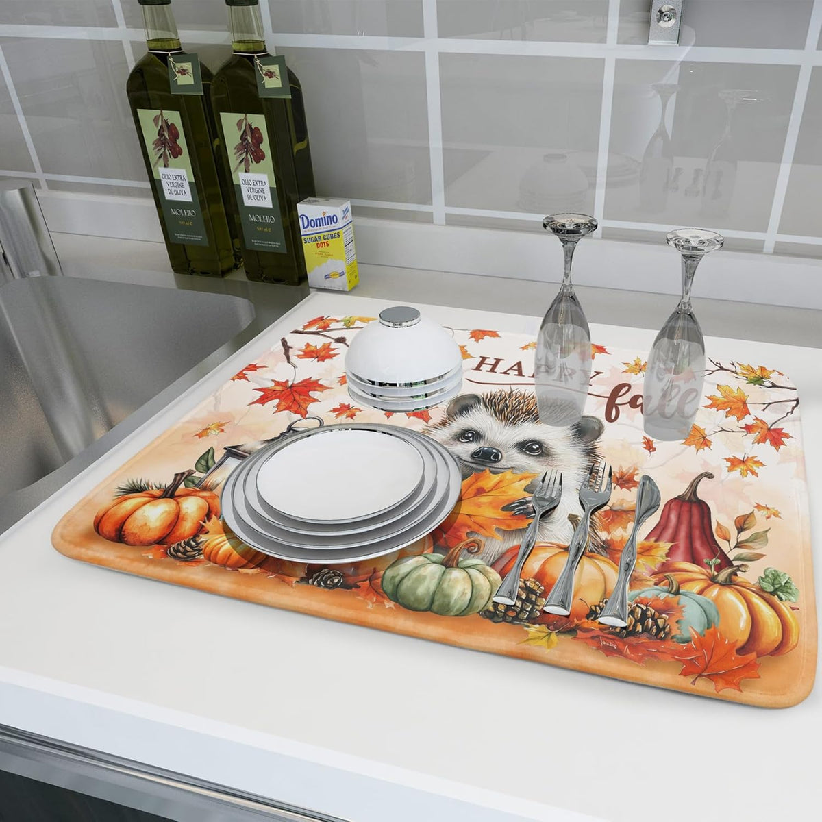Happy Fall Dish Drying Mat - Large Absorbent Microfiber Drying Pad for Kitchen Counter 18 X 24 in Yellow