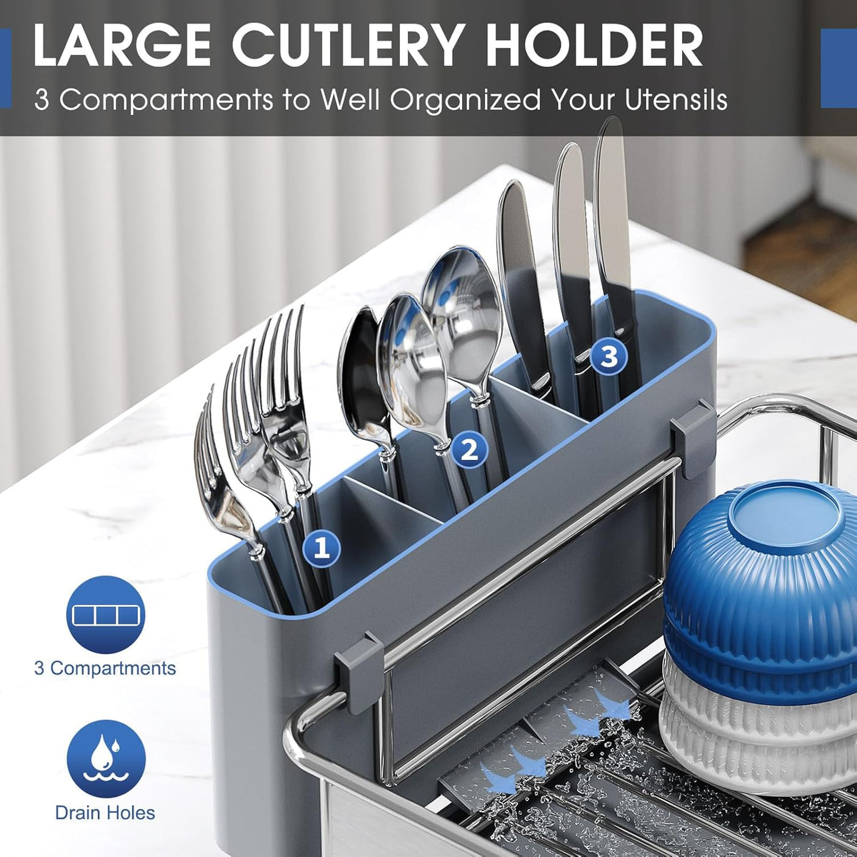 Stainless Steel Dish Drying Rack - Large Capcity 304 Grade Dish Drainer for Kitchen Counter with Drain Board, Utensil Holder & Detachable Cup Shelf, Rustproof Multifunctional Organizer