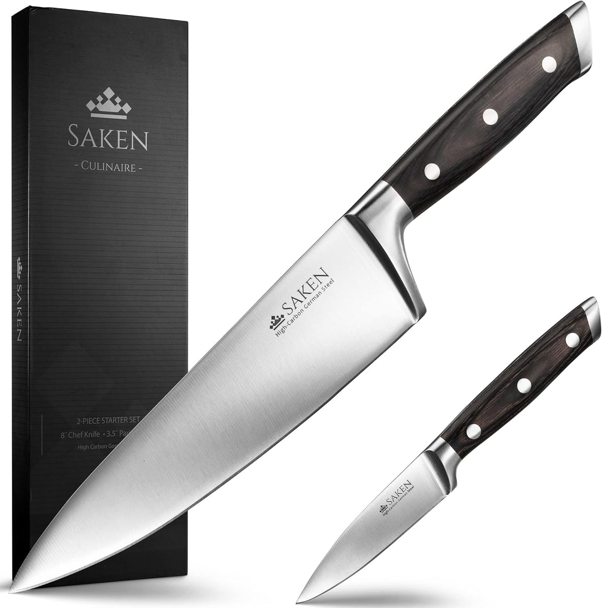 Saken Chef Knife and Paring Knife Set - 2-piece Professional Kitchen Knife Set with Ultra-Sharp, High-Carbon German Steel Blade and Ergonomic Wooden Handles - 8" Chef Knife, 3.5" Paring Knife