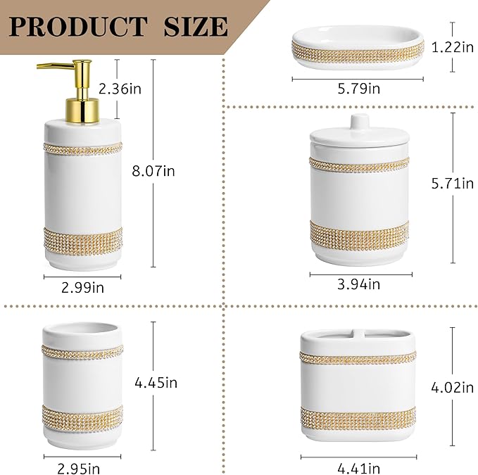 Bathroom Accessories Set with Diamonds 5 Pieces Toothbrush Holder Soap Dispenser Ceramic Bathroom Accessory Set Contain Cotton Swab Jar Toothbrush Cup Soap Dish Tumbler