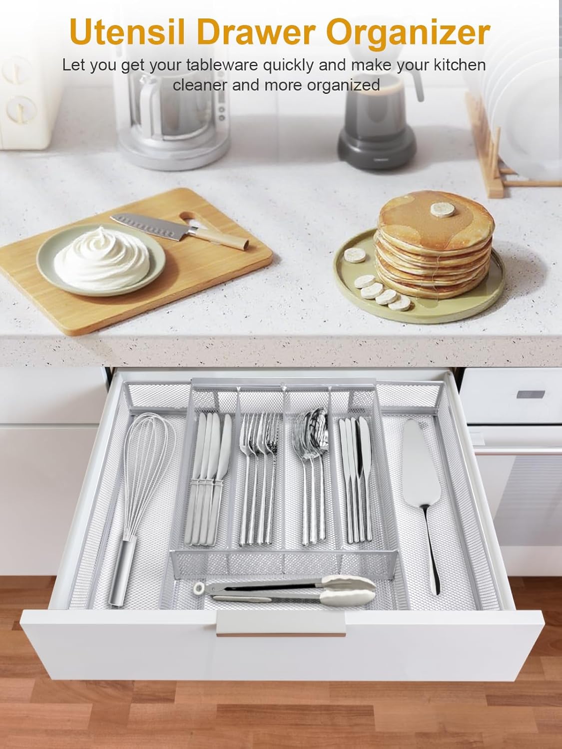 Silverware Organizer Metal Mesh, Drawer Organizer, Utensil Cutlery Tray Expandable Flatware Organizer with 7 Compartment Silver 9.4"~17.3" x 13.7"