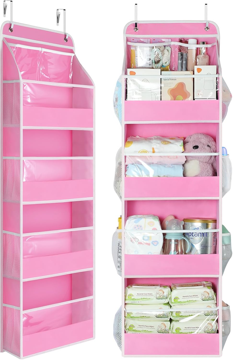 Yecaye 5 Tier Over the Door Organizer, Swing-proof Door Organizer Hanging with Clear PVC Windows, Behind the Door Storage for Bedroom Nursery Closet Laundry Pantry Bathroom, Bubblegum Pink