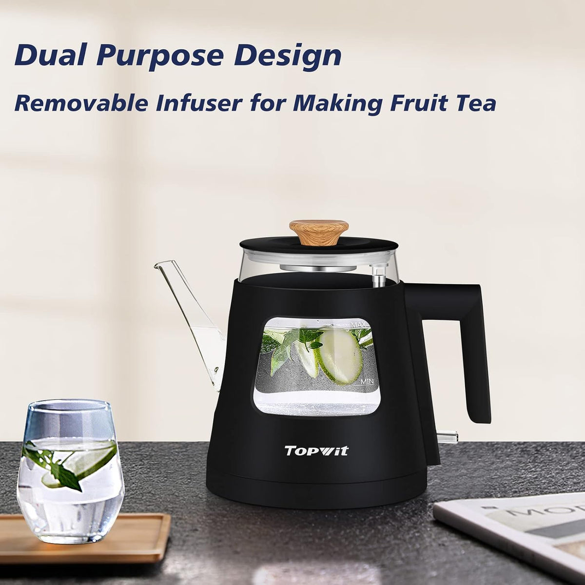 Topwit Electric Kettle, 1.0L Electric Tea Kettle with Removable Stainless Steel Infuser, BPA-Free Electric Glass Kettle with Window, Double Wall Water Warmer, Gooseneck, Auto-shut Off, Black