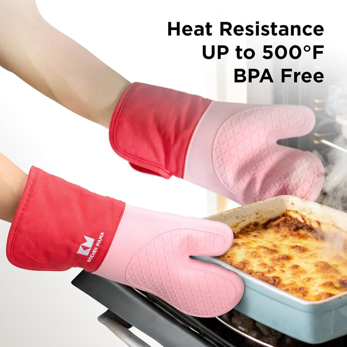Kitchen Mama UltraShield Silicone Oven Mitts – Heat Resistant, Non-Slip Surface, Durable, Safe, Pot Holders, Flexible Waterproof Glove Set, Perfect for Cooking, Baking, Grilling, BBQ (Red)