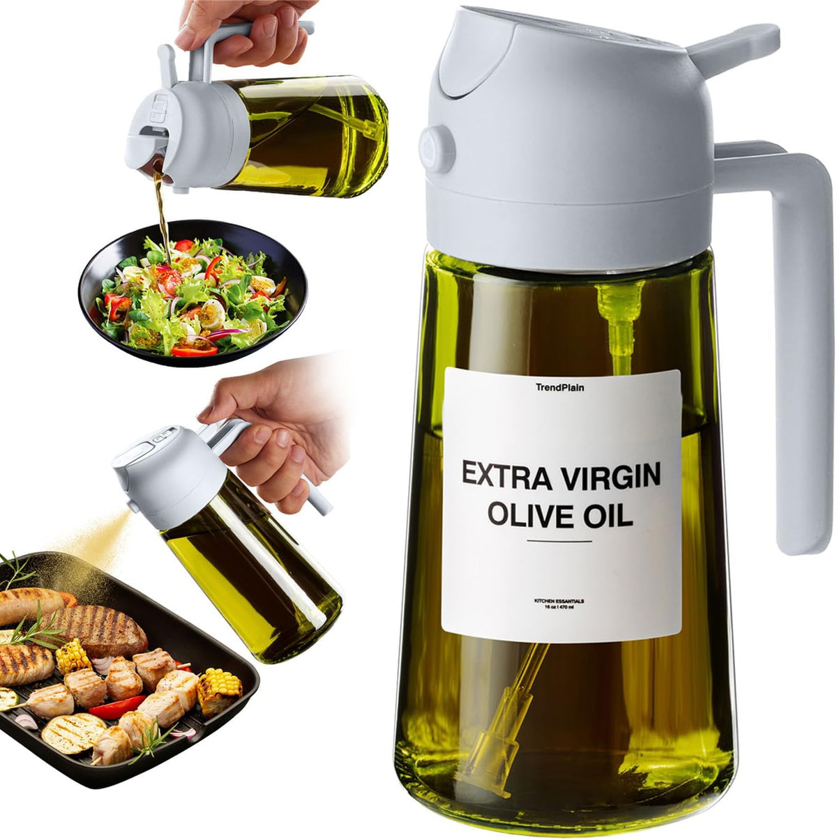 TrendPlain - Original 16oz/470ml Olive Oil Dispenser Bottle for Kitchen Gadgets and Air Fryer Accessories - Olive Oil Sprayer for Cooking w/Stickers - Ash
