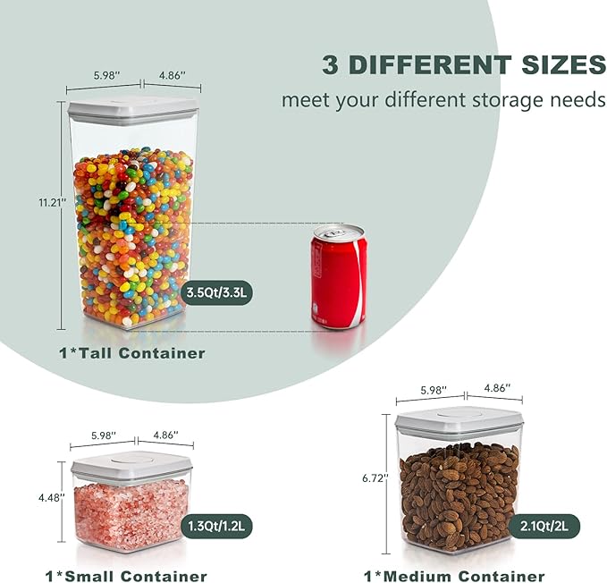 Pop Top Food Storage Containers, Leakproof Pantry Food Storage Containers, Kitchen Storage Containers with Lids Airtight 3-Piece - 3.5Qt/2.1Qt/1.3Qt
