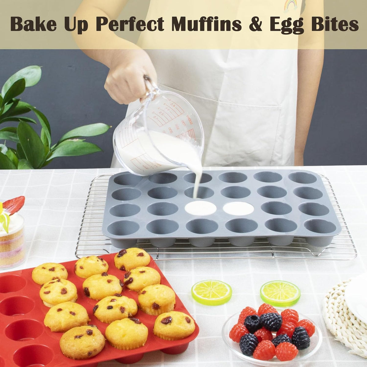 24 Cups Silicone Mini Muffin Pan Set, Nonstick Mini Cupcake Pans, BPA Free Small Muffin Tin for Baking, Set of 2 (Grey+Grey)