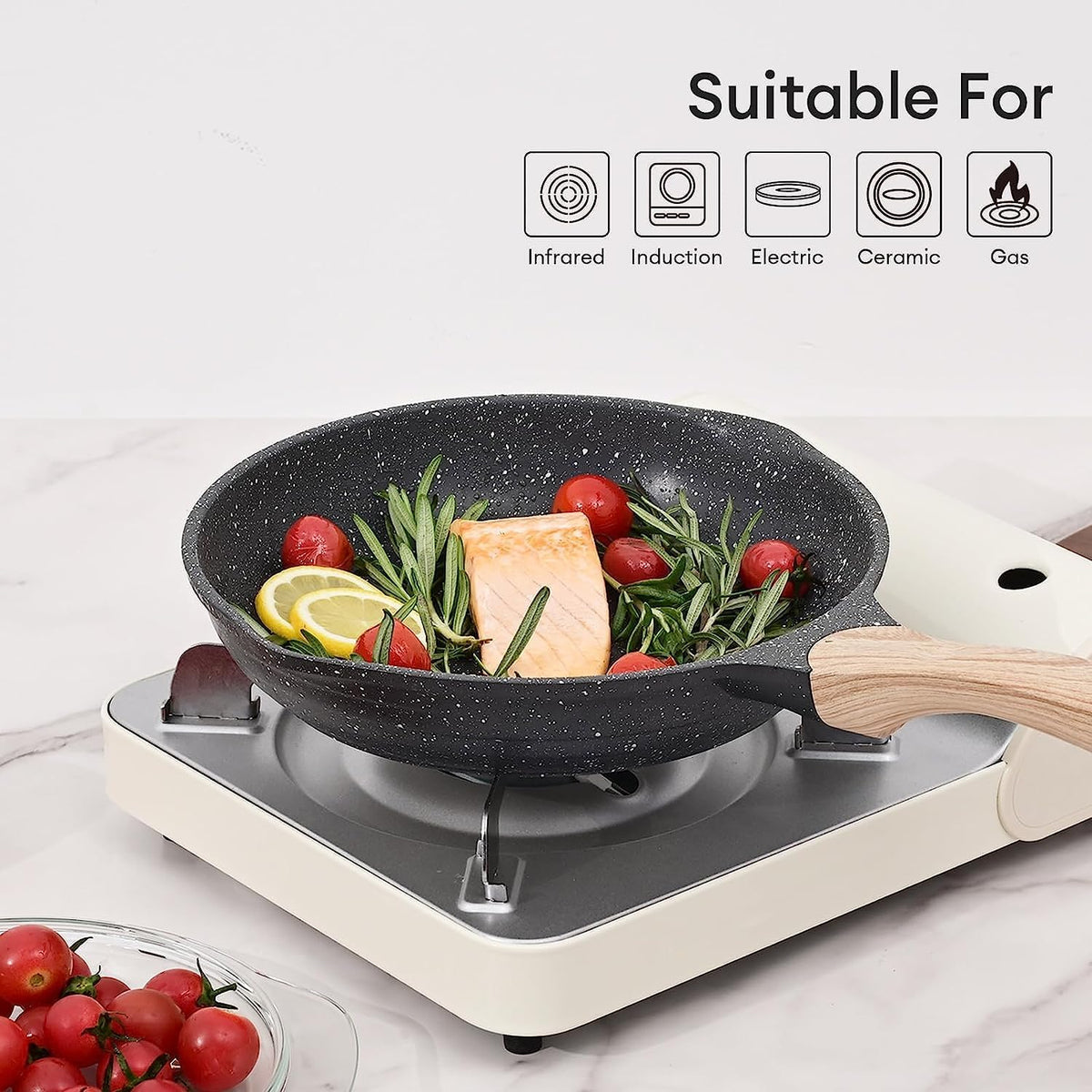 JEETEE 9.5 Inch Nonstick Frying Pan, Stone Coating Cookware, Nonstick Omelette Pan with Heat-Resistant Handle, Induction Skillet for Eggs (Grey)