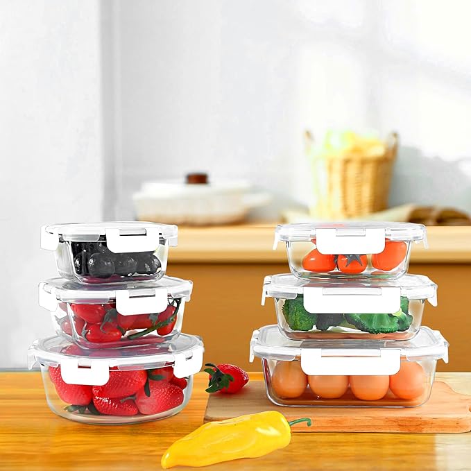 KOMUEE 30 Pieces Glass Food Storage Containers Set, Glass Meal Prep Containers Set with Snap Locking Lids, Airtight Glass lunch Containers, Microwave, Oven, Freezer & Dishwasher,White