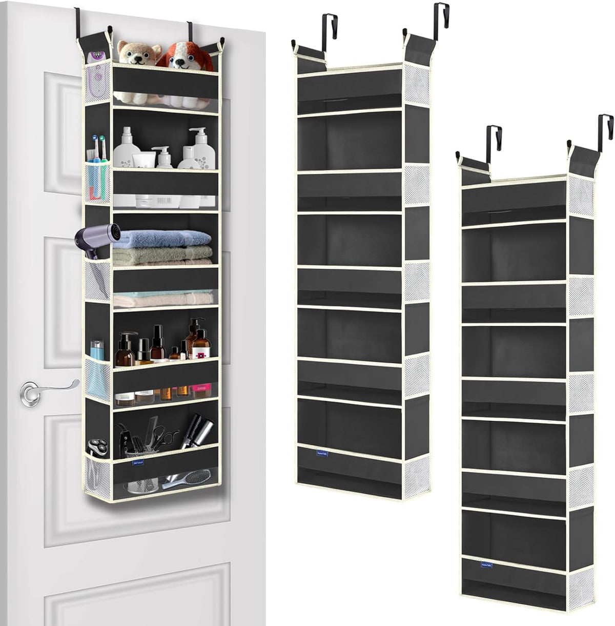 2 Pack Over The Door Hanging Organizer 5-Shelves and 10 Side Pockets, Over The Door Storage for Bathroom and Bedroom, Back of Door Organizers for Kid's Toys (13"x5"x44", Black)