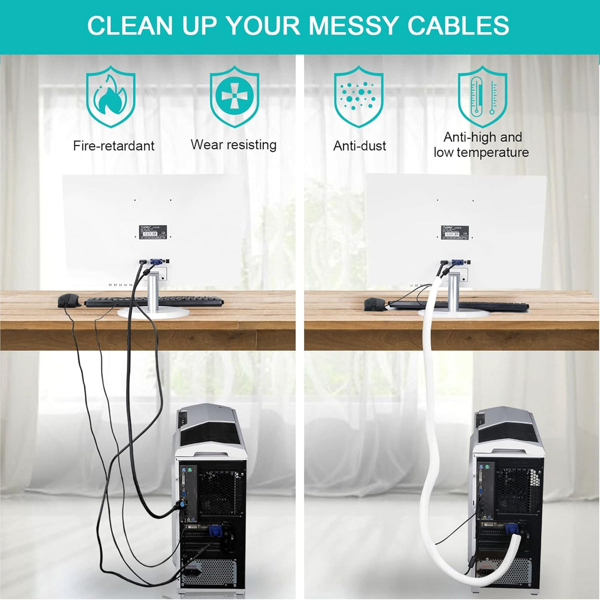 6.6ft - 2/3 inch White Cable Sleeve, Cable Organizer for Desk PC TV Computer, Wire Protector Cable Wrap Cover, Cord Management for Home Office