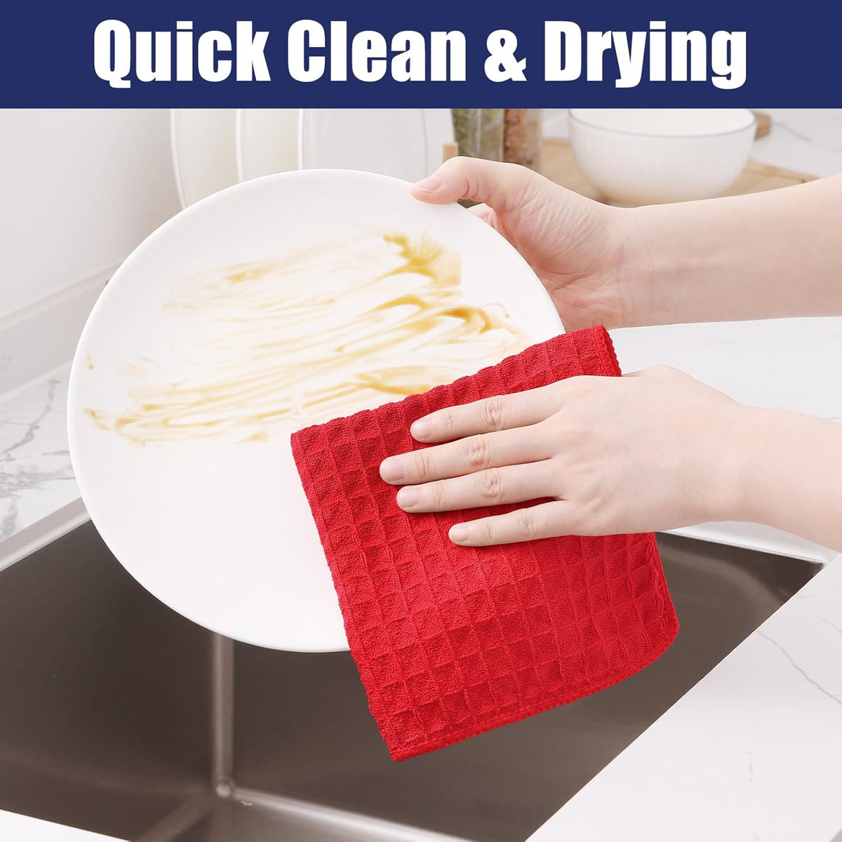 Homaxy Microfiber Waffle Weave Kitchen Towels, 16 x 28 Inch Ultra Absorbent and Solid Color Dish Towels, 8 Pack, Red