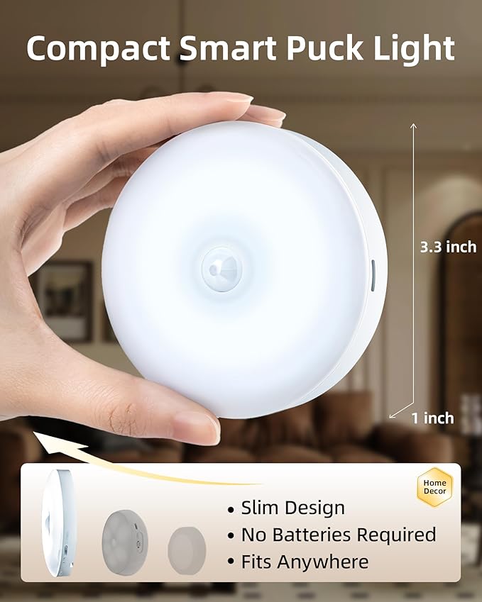 EZVALO Under Cabinet Lighting,1000mAh Rechargeable Puck Lights with Remote,3 Color Temps & 12 RGB Motion Sensor Closet Lights Indoor,Dimmable Under Cabinet Lights for Kitchen,Cabinets,Closet (3 Packs)
