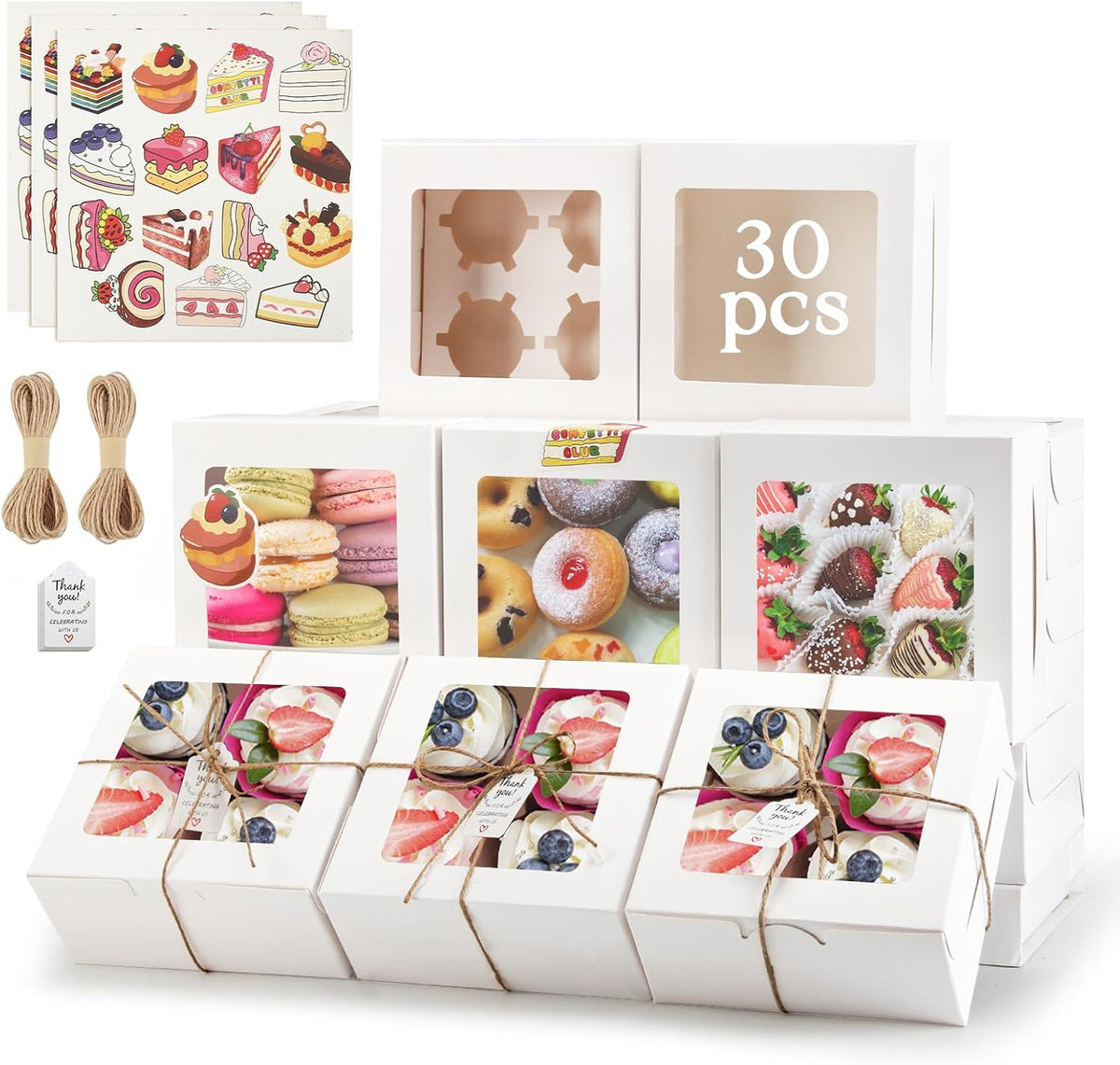 OAMCEG 30 Pack Cookie Boxes with Window 6x6x3 Inches White Bakery Treat Boxes with Stickers & Twine for Pastry, Desserts, Strawberries, Cupcakes, Gift Giving
