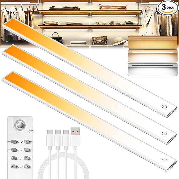 134 LED Under Cabinet Lights Wireless with Full Lighting,Rechargeable Closet Lights with Remote and Motion Sensor Indoor,Under Counter Light with CCT and Dimmable for Kitchen,Stair(3 Pack,15.7inch)