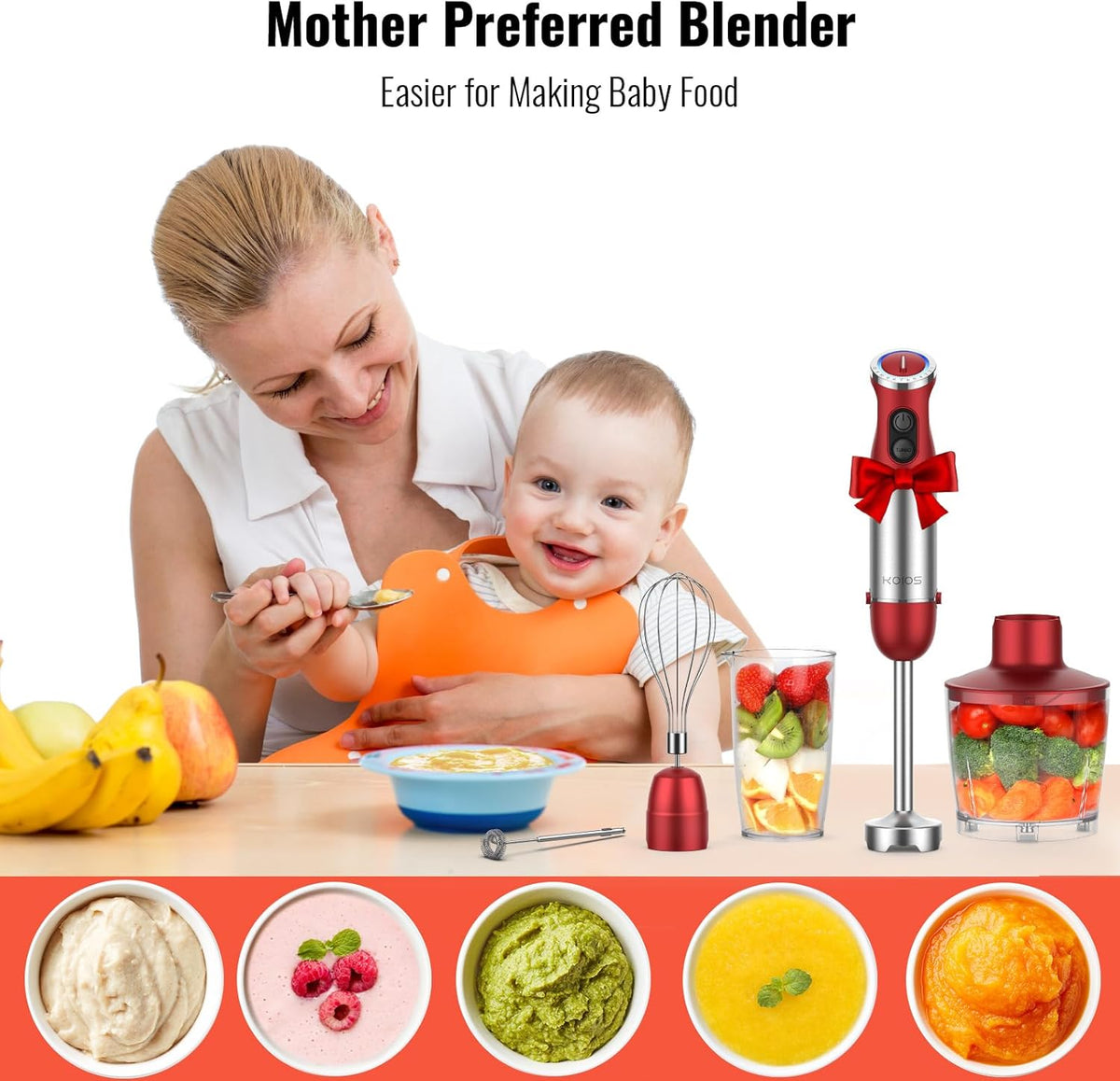 KOIOS 5-in-1 Hand Immersion Blender, 1000W 12 Speed Handheld Blender Stick with Copper Motor Stainless Steel Blade, 600ml Mixing Beaker,500ml Food Processor, Whisk, Milk Frother, Non-BPA, Red