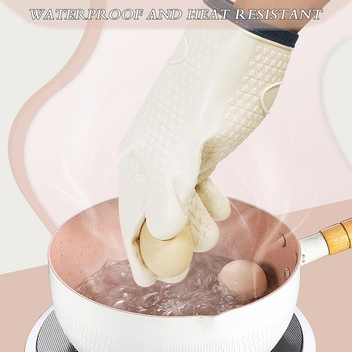 Oven Mitts with Fingers, Heat Resistant 500°F, Waterproof & Non-Slip Kitchen Gloves for Baking, Grilling, Cooking.5-Finger Design with Soft Lining, Hanging Hook,Milky White