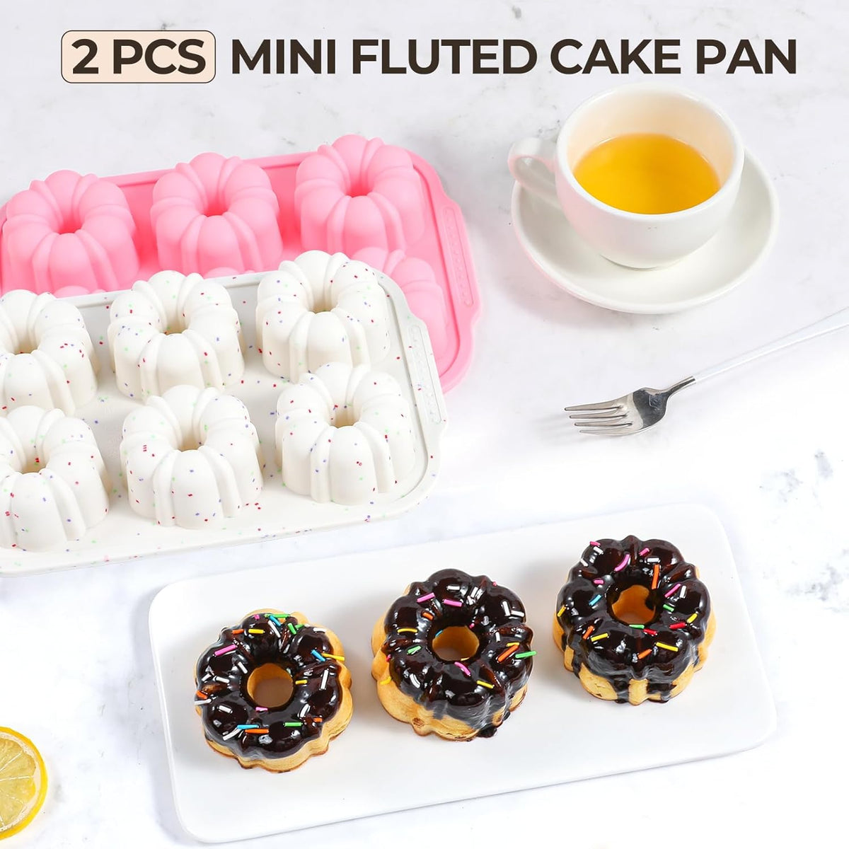 Mini Bundt Cake Pans for Baking, 2Pcs Silicone 6-Cavity Fluted Tube Cake Pan with Metal Reinforced Frame, Nonstick Baking Molds for Cupcake, Brownie, Donuts, Cornbread, Jello