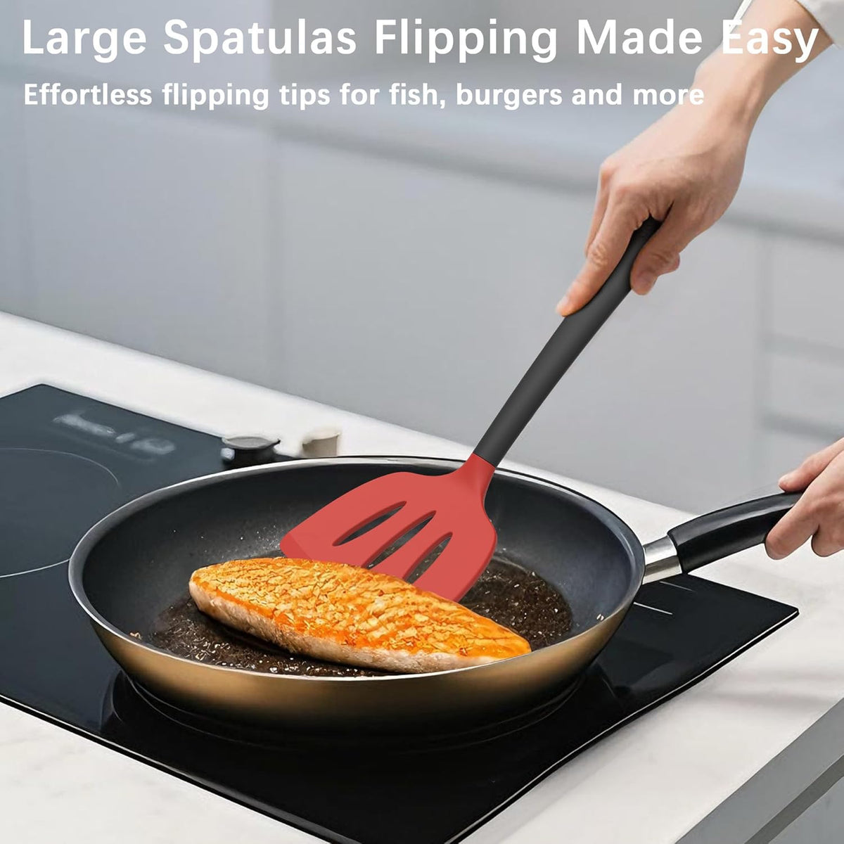 Coukre Silicone Spatula Set of 3, High Heat Resistant, BPA-Free, Kitchen Utensils, Fish Spatula, Solid & Slotted Turner for Non-Stick Pans, Flipping Eggs, Pancakes, Fish, Burgers (3, Red)