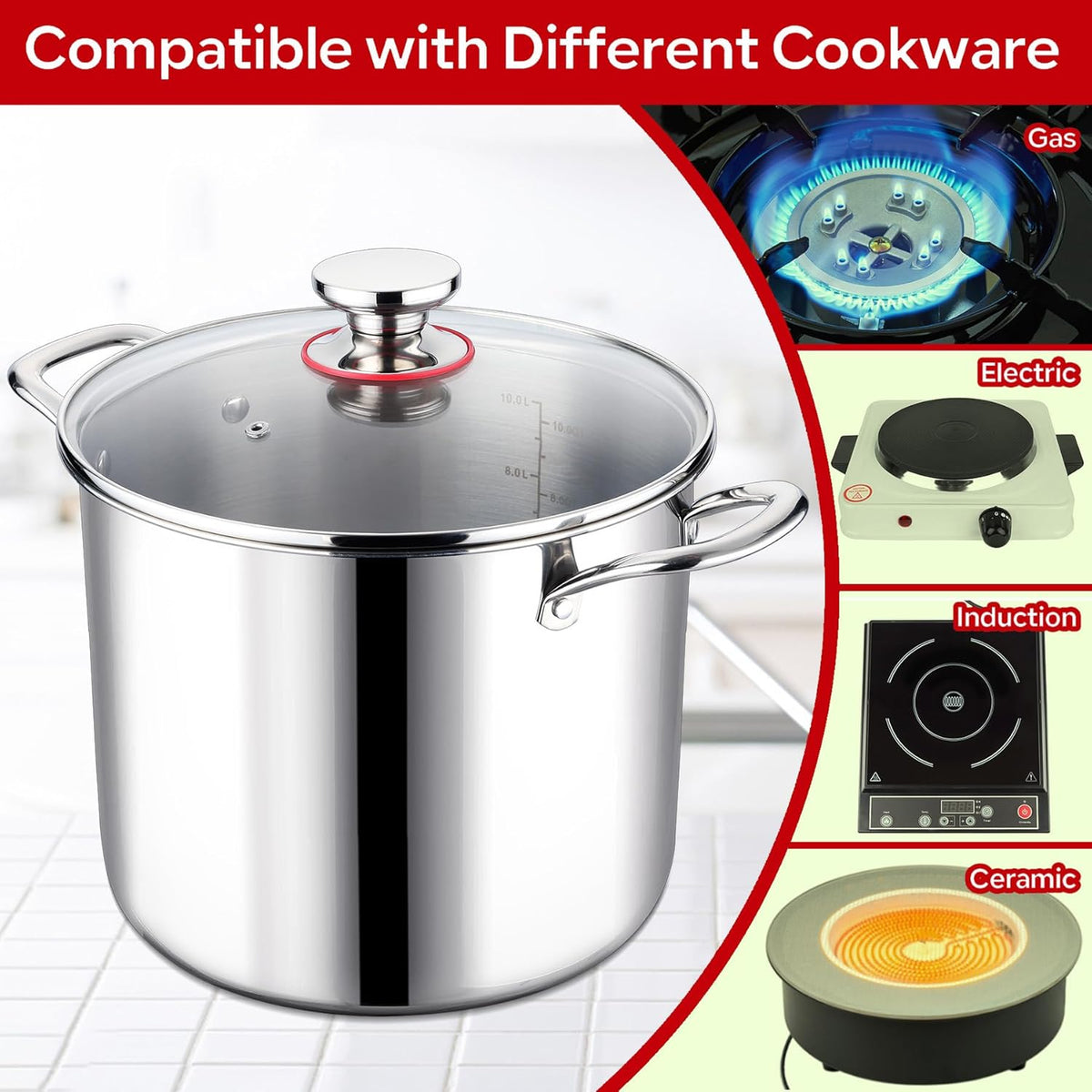 LIANYU 12 QT Stock Pot with Lid, 12 Quart Deep Tall Large Soup Pot for Cooking, Stainless Steel Tri-Ply Heavy Duty Large Stockpot, Nonstick Induction Stockpot with Measuring Mark&Glass Lid