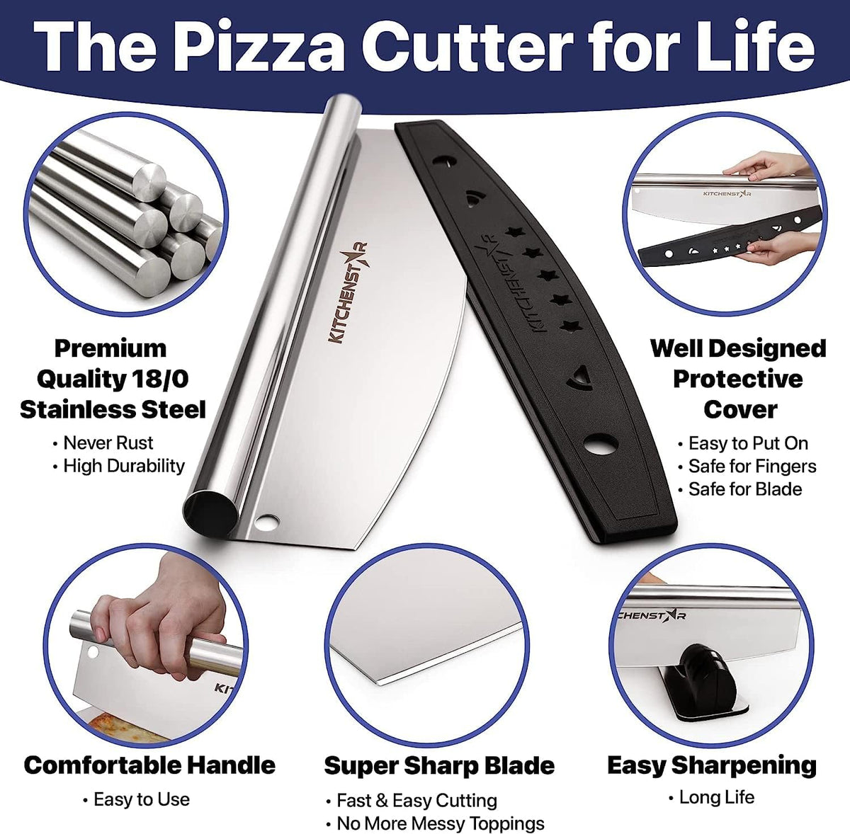 14" Pizza Making Kit (Set of 2) - 14" Pizza Cutter Rocker Knife with Blade Cover + 13" Perforated Stainless Steel Pizza Peel with Folding Handle - Ultimate Pizza Oven Accessories