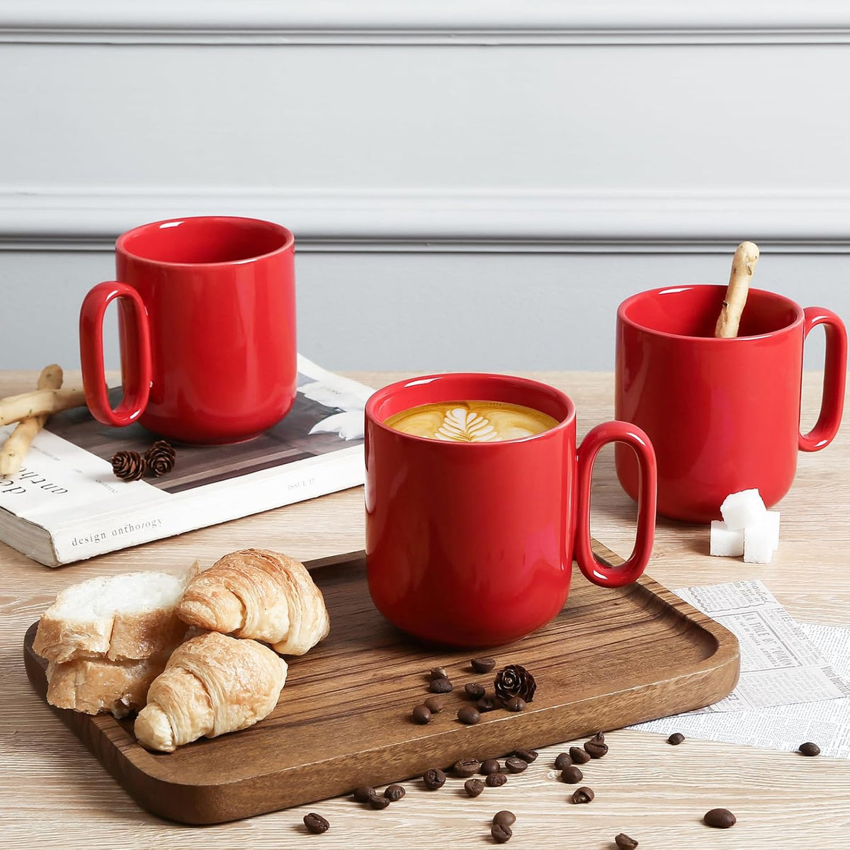 vicrays Ceramic Coffee Mug Set - 18 Ounce Large Stoneware Mug for Men Women - Unique Glazed Porcelain Mugs with Handle for Coffee Latte Tea Milk Cocoa - Set of 4 (Red)