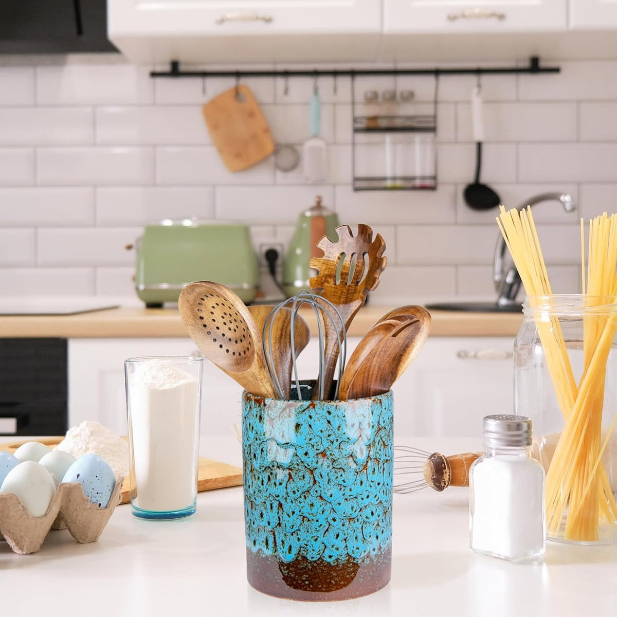 Utensil Holder, Ceramic Kitchen Utensil Holder for Countertop, Large Cooking Utensil Crocks for Kitchen Counter, Morden Utensil Organizer for Spatula, kitchen Decor,Blue