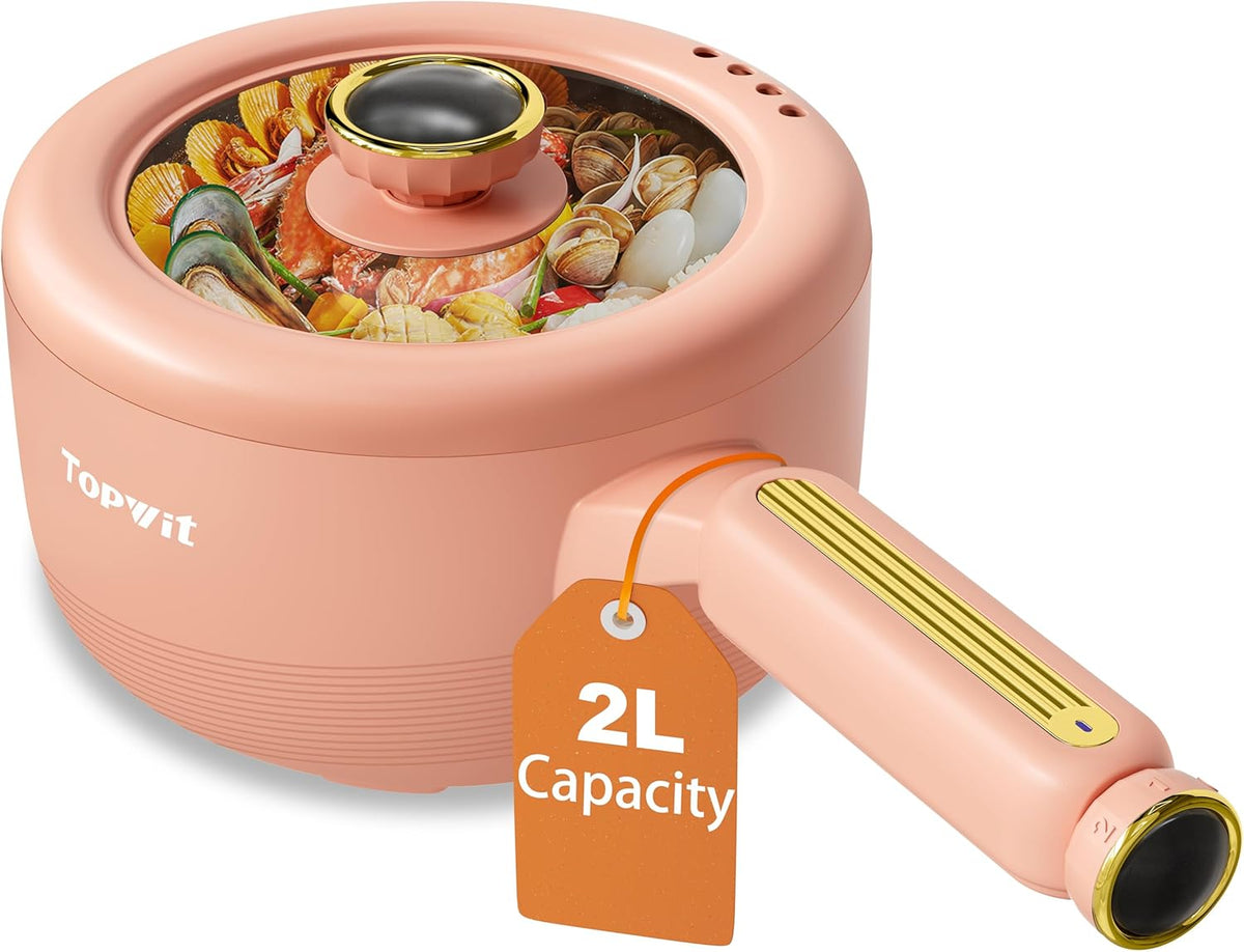 TOPWIT Hot Pot Electric, 𝟐𝐋 Electric Pot, Non-Stick Portable Cooker, Portable Hot Pot, Sauté Pan for Steak, Egg, Fried Rice, Ramen, Soup with Dual Power Control (Silicone Spatula Included), Peach