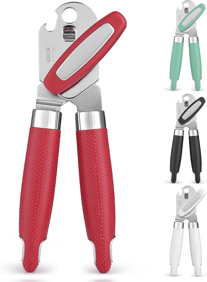 Zulay Kitchen Heavy Duty Stainless Steel Can Opener Manual with Large Bottle Opener - Manual Can Opener with Turn Knob with Soft Grip Handles - Red