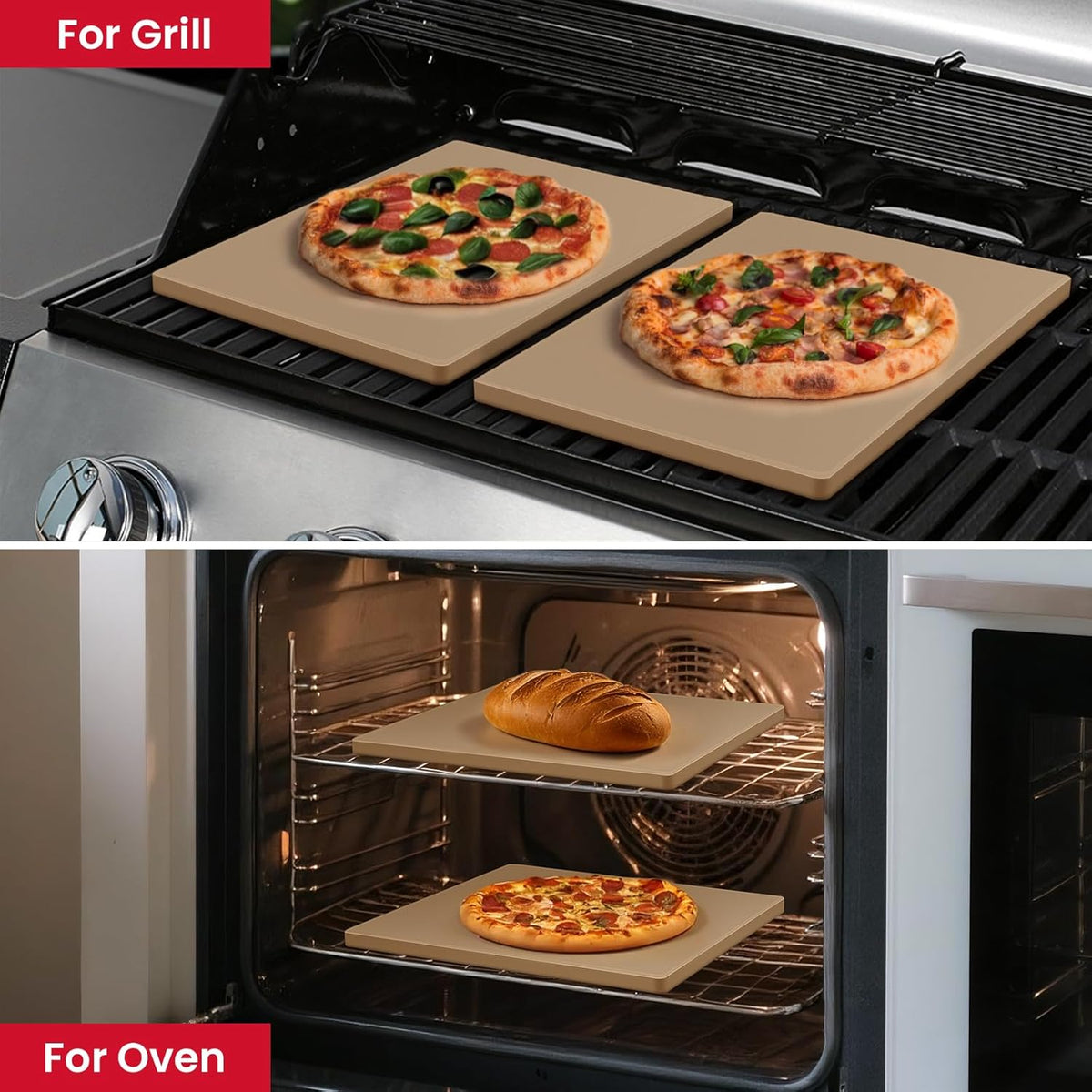 Unicook 2 PCS Pizza Stones Set, 15 x 12 Inch Rectangular Pizza Stone for Oven and Grill, Large Cordierite Cooking Pan for Baking and Grilling, Thermal Shock Resistant, Including Dough Scraper
