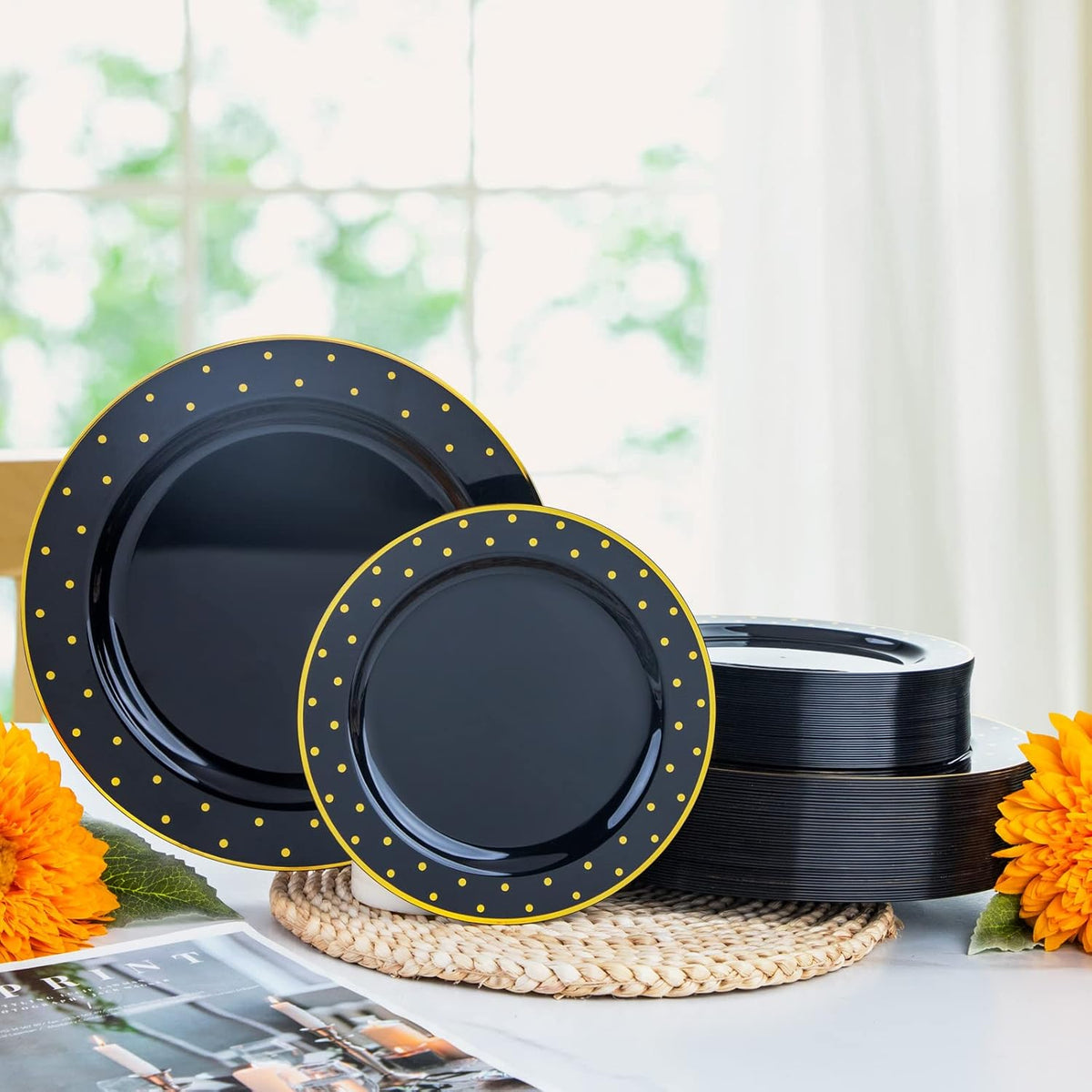 I00000 102Pcs Plastic Black Gold plates, New Year Black Plastic Plates Including 51 Dinner Plates 10.25" and 51 Salad Plates 7.5" with Gold Dots, Premium Gold Disposable Plates for Party & New Year